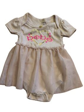 New Bebe Baby Girls Tutu Dress W/Built In Sparkle Bodysuit - Beige - 6/9 Months